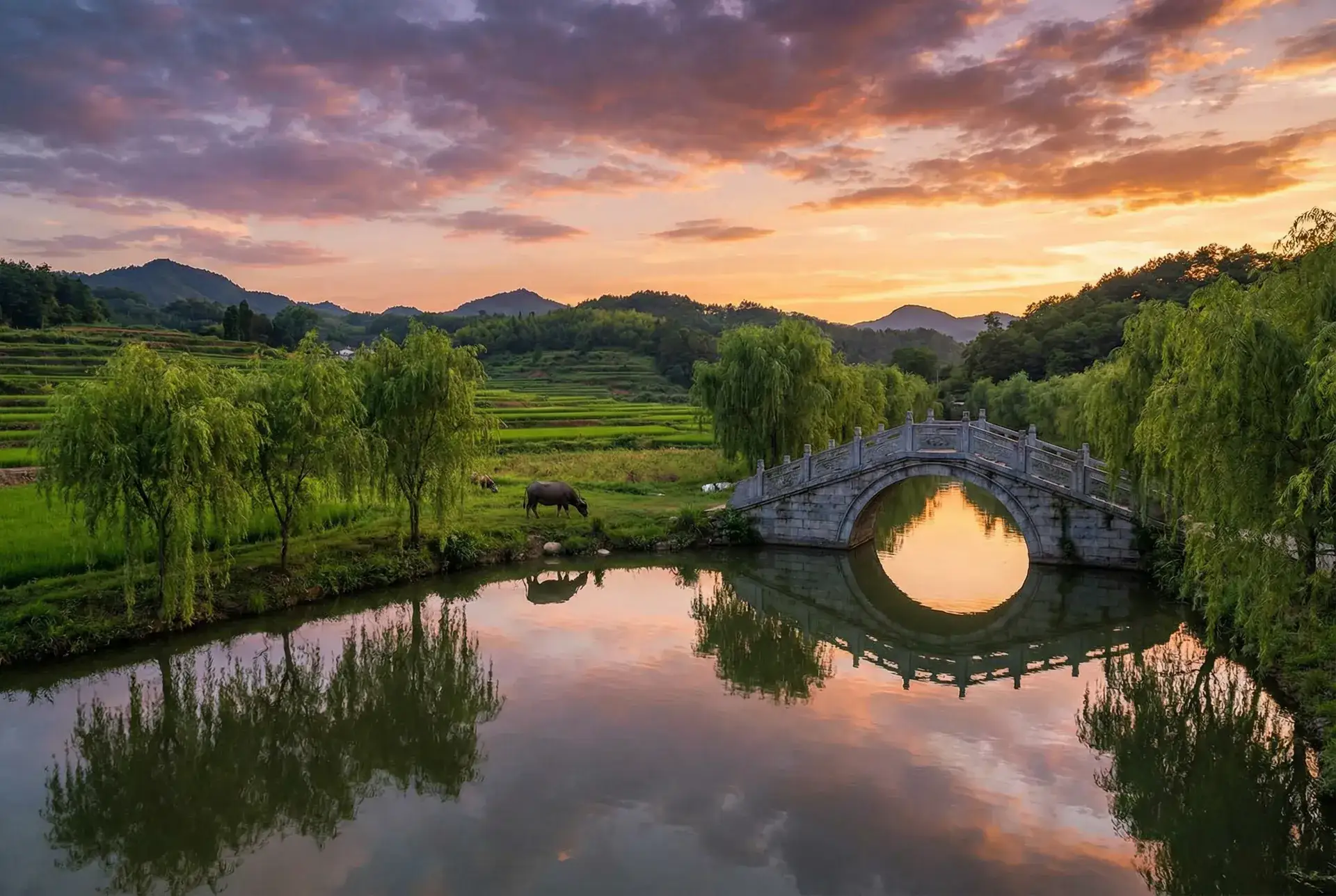 夕阳下的石拱桥与垂柳，水牛在河边吃草 - 青草视频在线播放 乡村美景